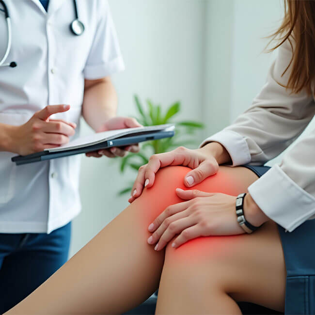 Physiotherapist examining a patient's knee